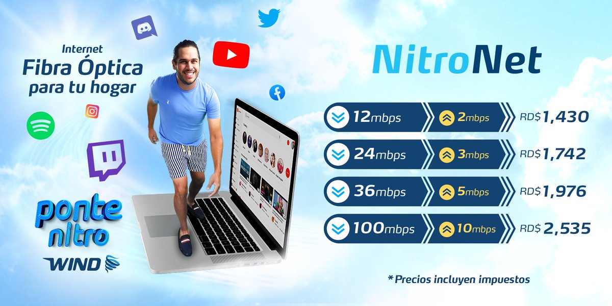 windtelecom's tweet photo. Disfruta de una experiencia de navegación a otro nivel, con fibra óptica a tu hogar.

¡Navega a la velocidad de #NitroNet #Windtelecom!

Conoce más de las modalidades pospago y control que tenemos para ti, llamando al ☎️ 809.200.3000.

#WindTelecom #FibraOptica https://t.co/TBScYC8Nbz