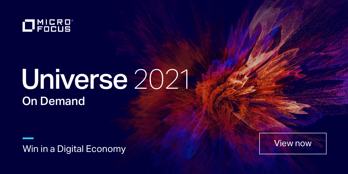 Now that #MicroFocusUniverse is over, you can catch all the #AppDev, AMC, #CyberResilience, #ITops and #InfoGov sessions on demand, even if you didn’t attend. Log in our reg here: | #DigitalTransformation bit.ly/3d9OWfl #TeamMicroFocus