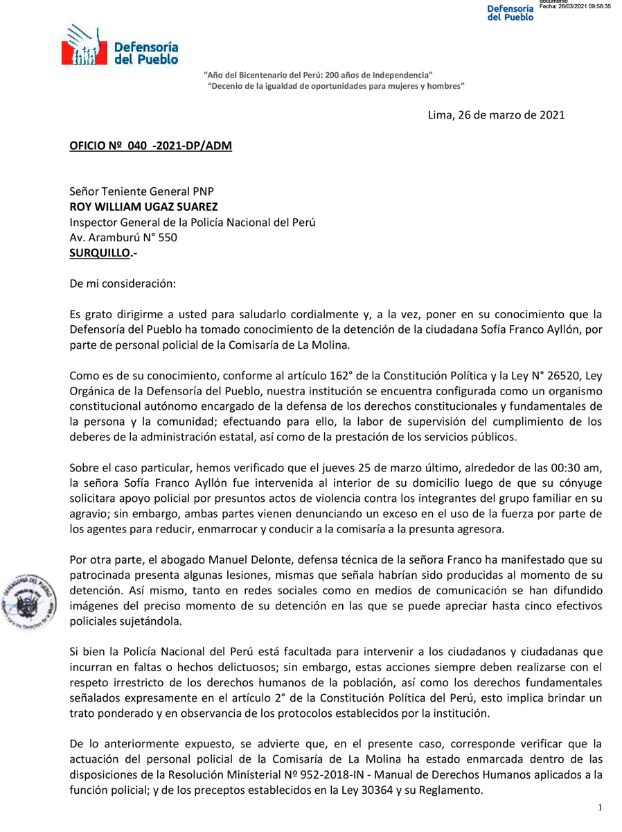 Defensoria_Peru's tweet photo. Sobre caso de Sofía Franco y alcalde Álvaro Paz de la Barra, hemos solicitado a Inspectoría General de @PoliciaPeru iniciar investigación disciplinaria sobre actuar policial durante intervención, la cual debe respetar DD. HH. y la Ley 30364 en casos de violencia familiar. (1/2) https://t.co/jX2e7jQCoX