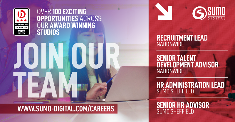 SumoDigitalLtd's tweet photo. Want to work for a BAFTA award-winning family of studios? ๐คฉ
We're looking to add to our HR & Recruitment teams, with roles based in both #SumoSheffield and nationwide!
Apply here: https://t.co/kG4fXZheb5
#SumoJobs #GameJobs https://t.co/7TgtrANlzG