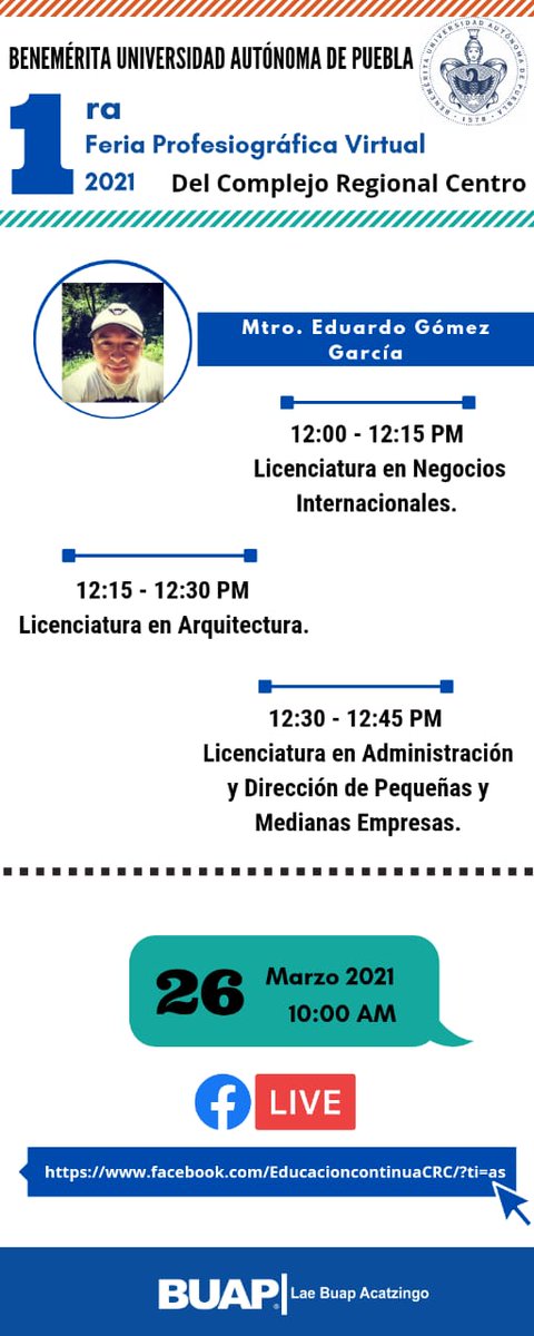 UniversIAA's tweet photo. Les interesa saber mas ? Vean lo que esta organizando la BUAP de manera gratuita!! Vayan hoy a las 10 horas del dia a la pagina de Facebook indicada y prepárense para una experiencia única!! https://t.co/qlos8bXGks