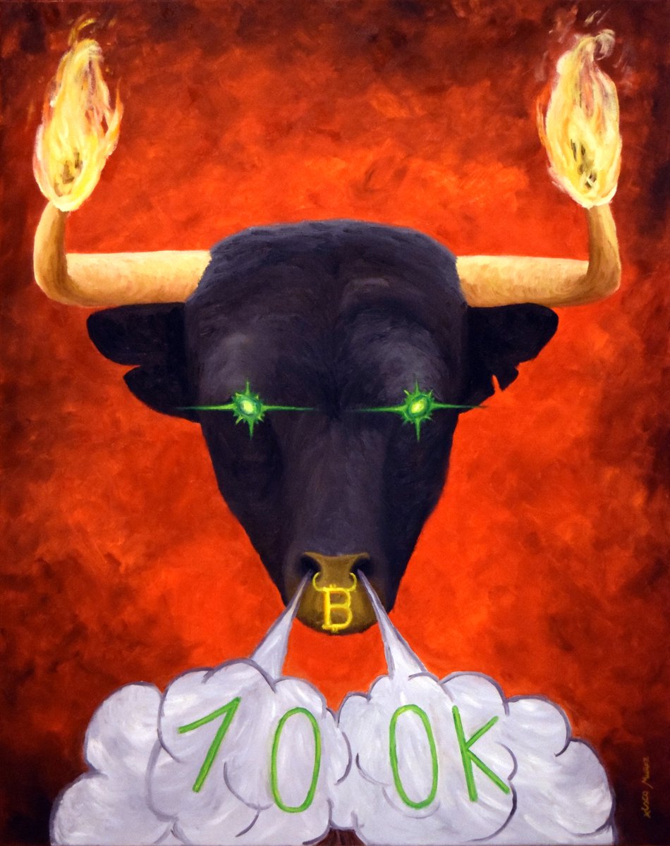 xiscomunozart's tweet photo. Title: Bulls take over the market, bears return to hibernation.

Oil on canvas 92x73cm (36x28 inch)

We are at the tipping point!
#MyFirstNFT @binance

Will bull blow higher than 100k this 2021? 😉 
Tell me your prediction for this year below 👇🏻 https://t.co/jTmucAYJfe