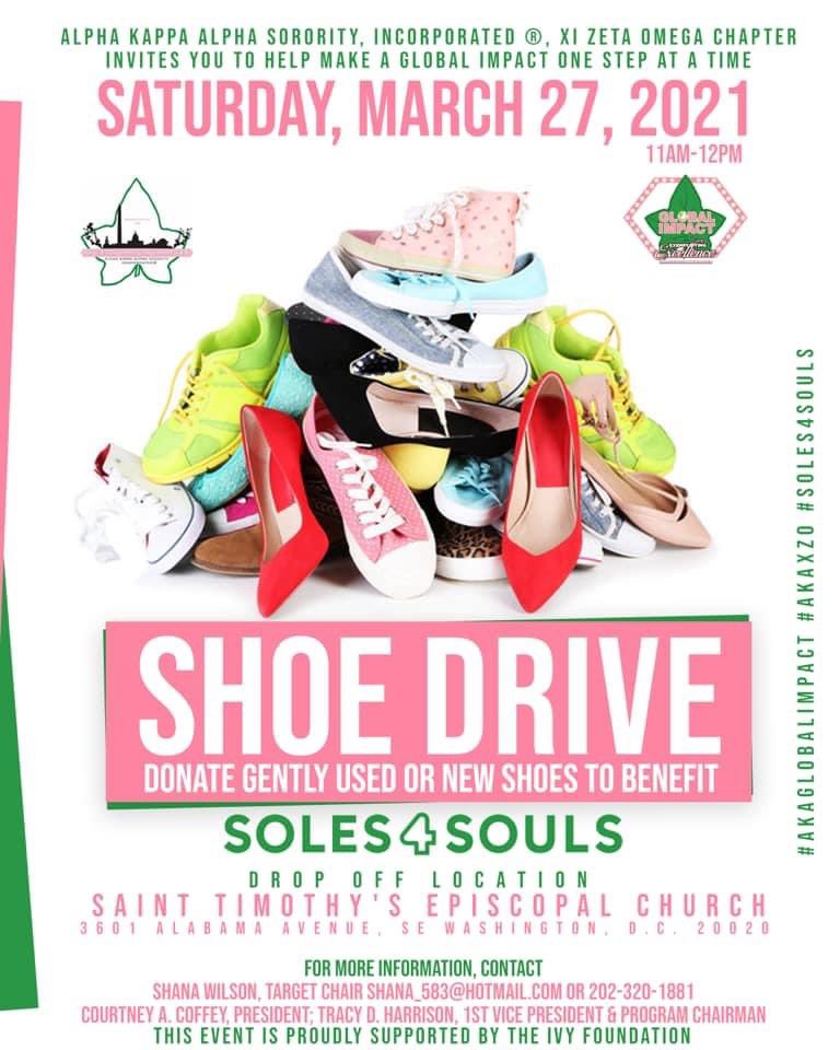 XiZetaOmegaAKA's tweet photo. TOMORROW, March 27th...

Xi Zeta Omega is collecting new and gently used shoes (MEN, WOMEN and CHILDREN) to benefit Soles4Souls. Bring your shoes to St. Timothy’s Episcopal Church, 3601 Alabama Avenue, SE, DC, 11:00 a.m. to 12 p.m. 

#AKA1908 #AKANAR #AKAxzo #Target5 #SOLES4SOULS https://t.co/OsoIKfs6TR