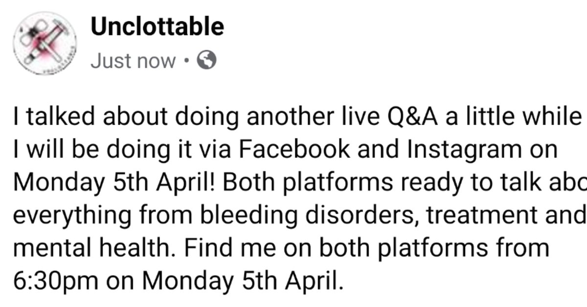 UnclottableUK's tweet photo. Finally got round to arranging my live stream! Find me on insta and Facebook at 6:30pm on Monday 5th April! #heamophilia #bleedingdisorders #bleedingawesome #unclottable https://t.co/Rz1lP2tu7V
