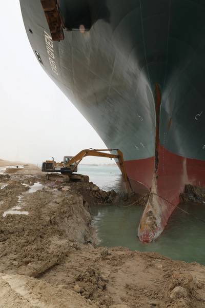 LCCrowd's tweet image. One of the largest ships in the world creating a blockage in the Suez Canal that is visible from space and we have Wall-E trying to dig it out.