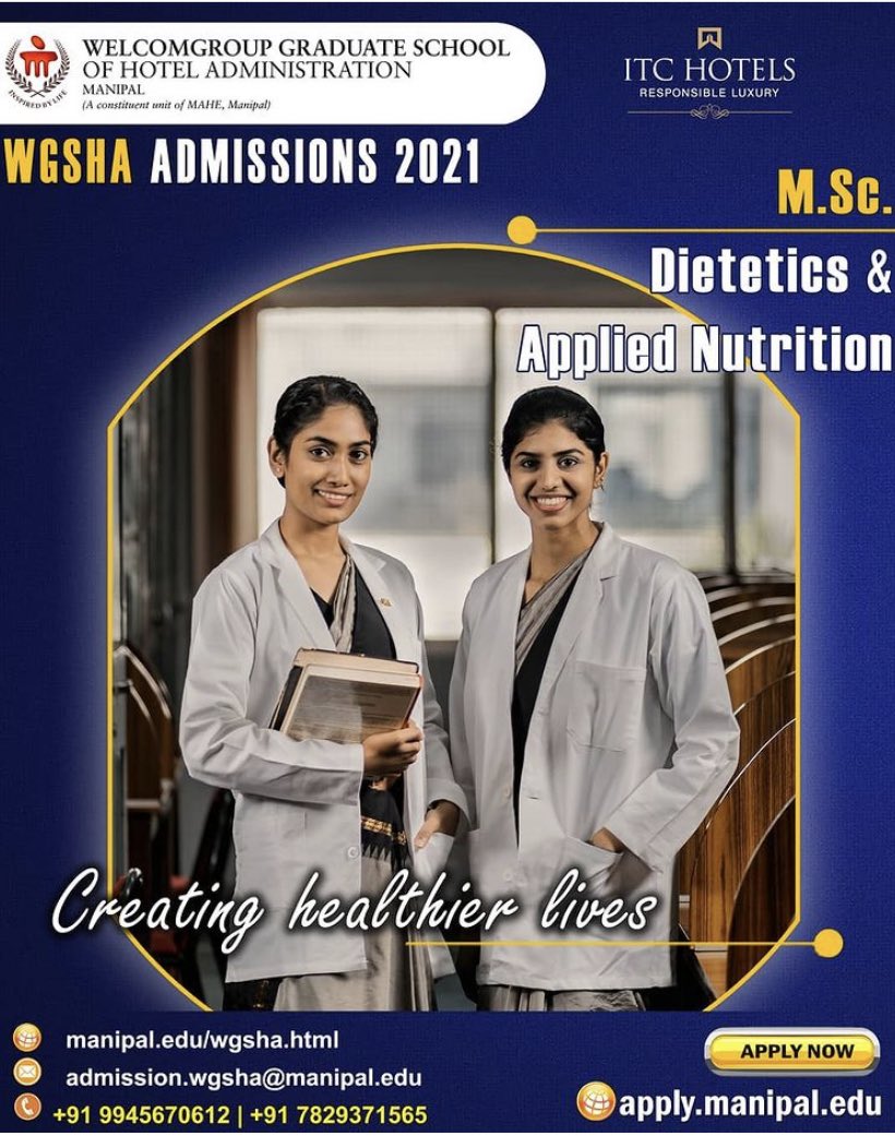 WManipal's tweet photo. https://t.co/J6e4D6vCYT. DAN, a two year postgraduate courses enhances knowledge and skill through integration of nutrition, therapeutic dietetics and research.
Join #India’s premier Hotel Management College, WGSHA, at Manipal Academy of Higher Education, Manipal
#mscdan #wgsha https://t.co/8W7F8X8VZA