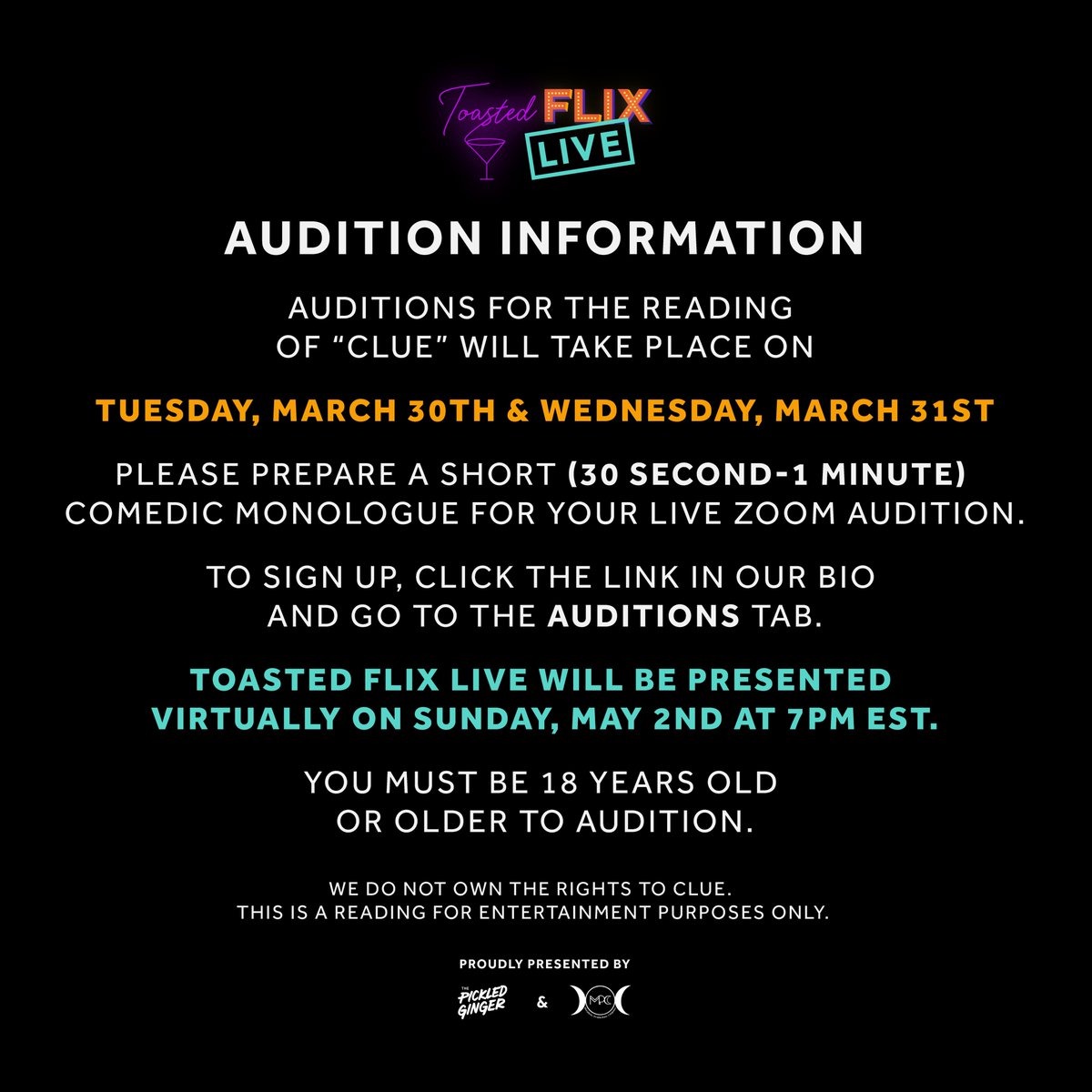 morphproco's tweet image. New audition! The Pickled Ginger &amp;amp; Morpheus Productions Company are teaming up for an event near you! Join The Pickled Ginger for an interactive cocktail class along with a LIVE reading of a cult
classic movie that the cocktails will be based on.
Sign up: bit.ly/3fiUo2a