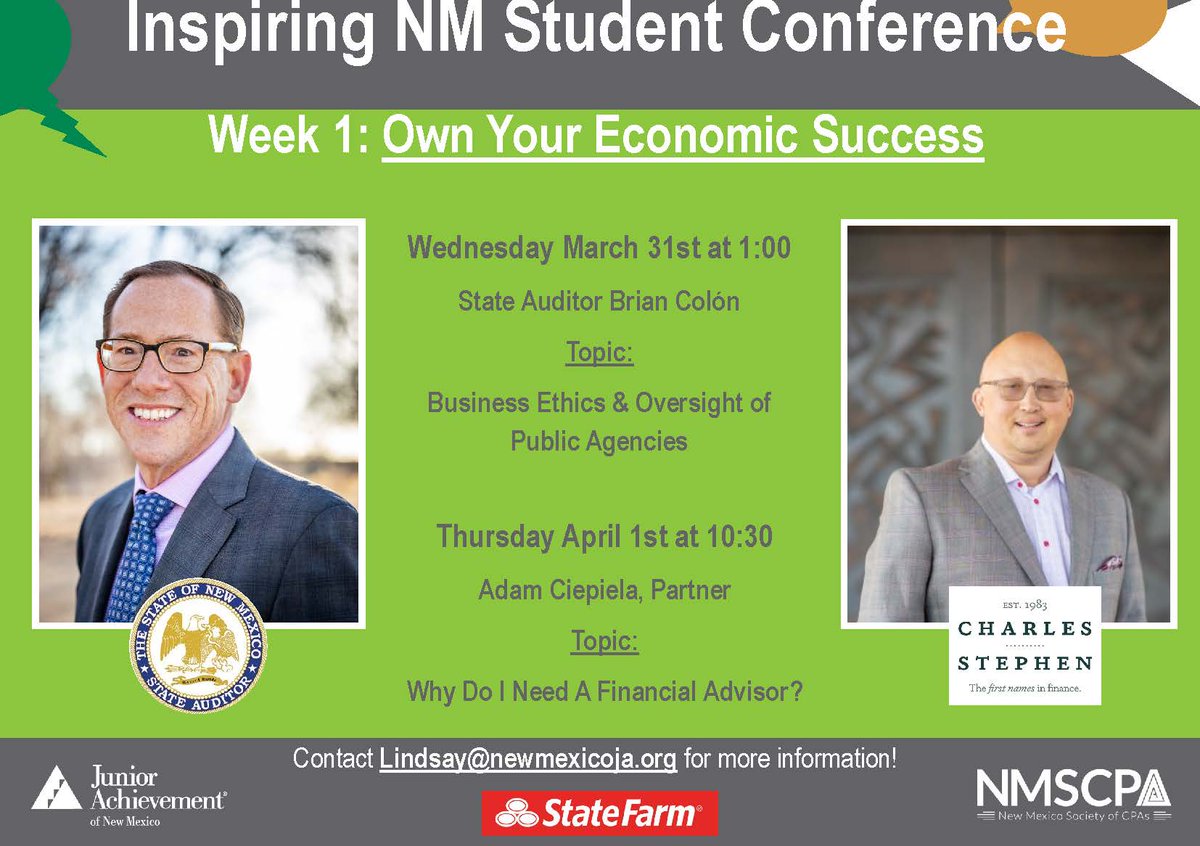 NMSCPA1's tweet photo. Join us and spread the word about the Inspiring NM Student Conference! On 3/31, NM State Auditor Brian Colon speaks about Business Ethics &amp; Oversight of Public Agencies! https://t.co/q9c3UloWSW