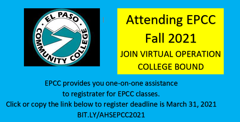 hmbrindl's tweet photo. Attention Seniors who have enrolled in EPCC!  Sign up for Virtual Operation College Bound sign up at https://t.co/p8ItbFIl88 - questions text Ms. Brindley 915-308-4889! https://t.co/aS8HyJfHbS