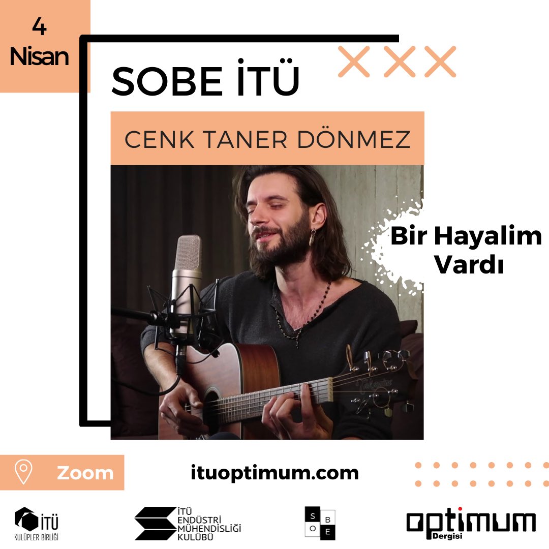 ituemkoptimum's tweet photo. SOBE İTÜ yaklaşıyor📣📣
4 Nisan Pazar günü gerçekleşecek olan etkinliğimizin üçüncü konuğu olarak Kolpa grubunun gitaristi Cenk Taner Dönmez bizlerle beraber olacak.🤩 Diğer konuklarımız için bizi takipte kalın 
➡️ Kayıt formu: https://t.co/jO3hYUZ1Ak
 #optimum #itü #müzisyenler https://t.co/gQoMW1GuCH