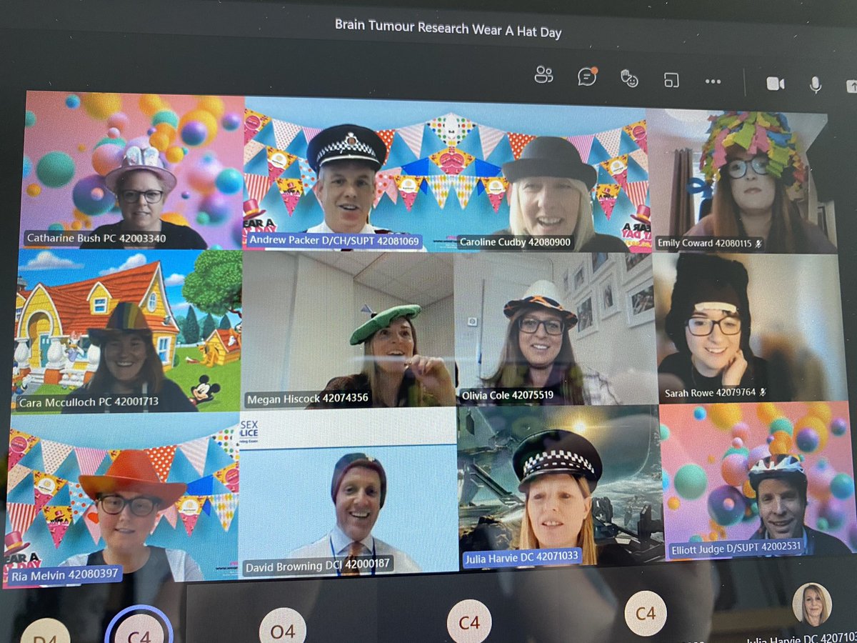 EP_CandPP_SC's tweet photo. Staff from the Crime and Public Protection Command and Media Team @EssexPoliceUK supporting #WearAHatDay for @braintumourrsch #BrainTumourAwarenessMonth 🧠 https://t.co/Cain12Hz4A