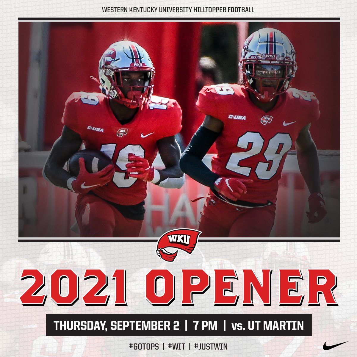 WKUFootball's tweet photo. BREAKING: We’re moving 🆙 the 2021 opener!

🚩 Hilltoppers vs. Skyhawks
🗓 Thursday, Sept. 2 // 7 PM
🏟 Houchens-Smith Stadium

#GoTops https://t.co/HJt2cWh9j5