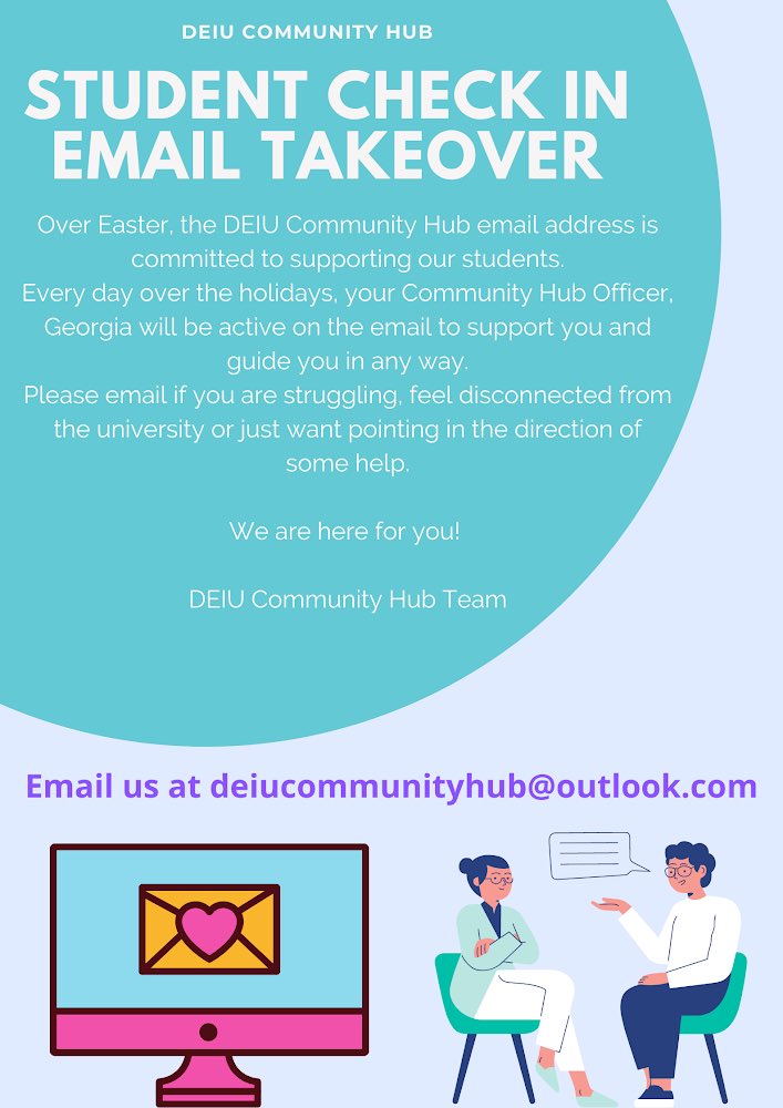 deiuhub_worc's tweet photo. Easter Events! 🐣
Over the Easter break, we are hosting skills workshops, writing retreats and student check in takeover on the DEIU Community Hub!
Take a look at the events we put together from what suppprt you suggested to us you needed🎓 
#getwriting https://t.co/Py8h8rNuO5