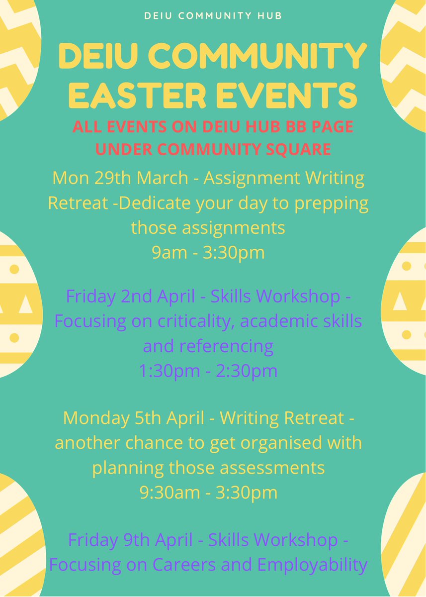 deiuhub_worc's tweet photo. Easter Events! 🐣
Over the Easter break, we are hosting skills workshops, writing retreats and student check in takeover on the DEIU Community Hub!
Take a look at the events we put together from what suppprt you suggested to us you needed🎓 
#getwriting https://t.co/Py8h8rNuO5