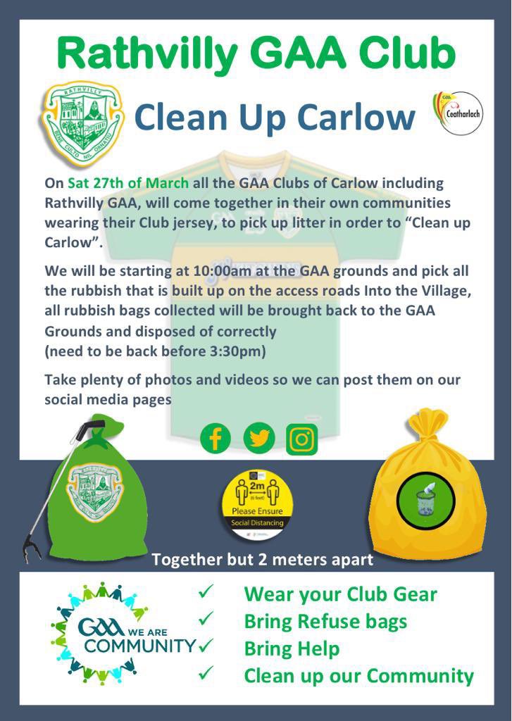 RathvillyGAA's tweet photo. ‼️ Clean Up Rathvilly Saturday 27th ‼️

🔰Meet at the club between 9:30 am &amp; 10am or work your way in

Rubbish bags can be supplied from the pitch. 
We are looking forward to seeing everyone! 💚💛

Any queries please contact:
Jim Dunne   - 085 876 5273
Josh Moore - 085 804 5237 https://t.co/aduE4TT79Z
