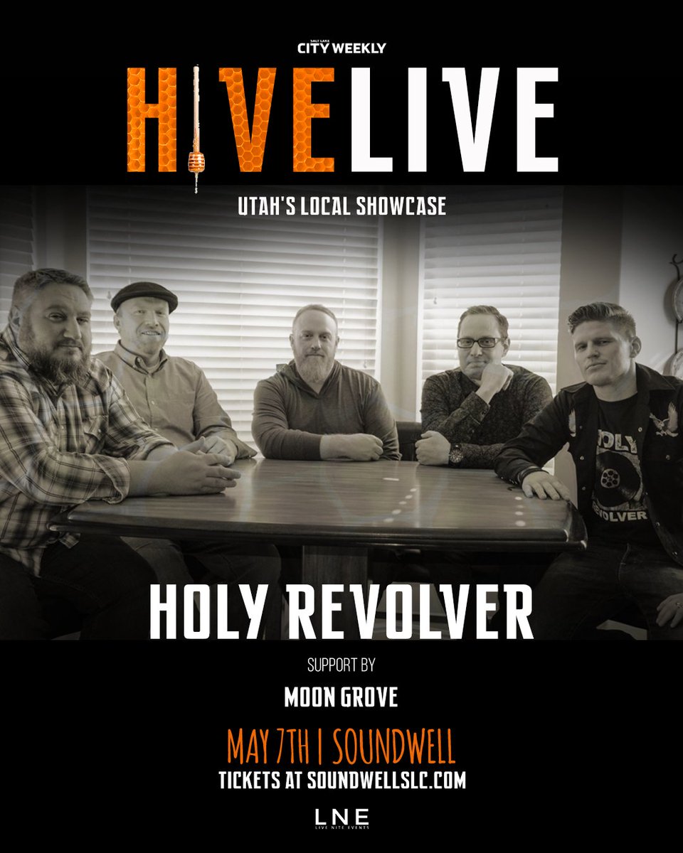 lnepresents's tweet photo. JUST ANNOUNCED! Northern Utah band Holy Revolver is coming to #SoundwellSLC May 7th for our #HiveLive local lineup 🥁 Mark your calendars &amp; come rock out!

Tickets ON SALE now at https://t.co/jDVJtAu9lC 🎟️ 

#SoundwellSLC #HolyRevolver #CityWeekly Salt Lake City Weekly https://t.co/3jSYUjI5qC