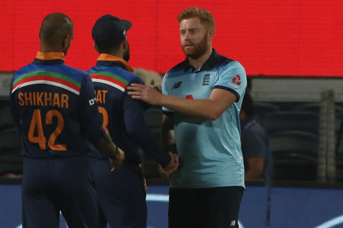 ICC's tweet photo. England win by six wickets!

Bairstow and Stokes' huge second-wicket partnership and useful contributions from Jason Roy and Liam Livingstone help them level the series 🌟

#INDvENG ➡️ https://t.co/t8SUo38VoP https://t.co/FUIyQlY1QU