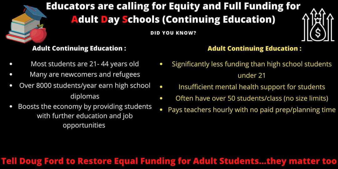 OhhaiHeather's tweet photo. It is a beautiful day to FULLY FUND EDUCATION in Ontario -- including full funding for Adult Day Schools! Students are students. Support them!
What do you say, @fordnation @Sflecce? Care to do anything right, ever, for once?
#OSSTF #OntEd #OnPoli #JusticeforADS #EquityforADS https://t.co/4V6iO6Ucqh