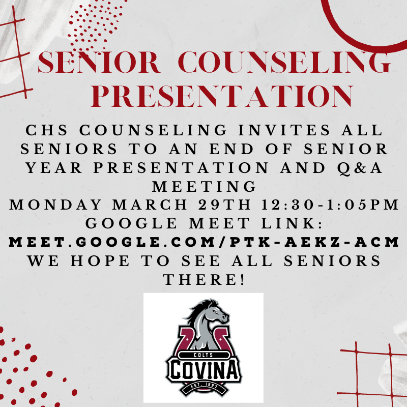 ColtsCounseling's tweet photo. Seniors, Counseling will be holding a Senior end of year presentation &amp; Q&amp; A meeting on Monday 3/29 @ 12:35pm. We will go over everything you need to know for the end of this year. We hope to see you all there!
https://t.co/CTjrTpmsf7 @CovinaHighASB @CovinaColts @CovinaAthletics https://t.co/CxMqHR4fv4