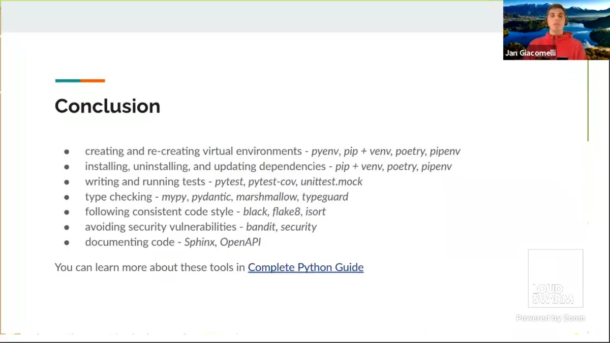 pauloxnet's tweet image. I&apos;m watching, deferred thanks to @LoudSwarm, Jan Giacomelli @jangiacomelli ( Tech lead &amp;amp; co-founder at @typlessAPI and @testdrivenio author ) speaking at Python Web Conference 2021 #PWC2021 about &quot;Complete Python Toolbox For Modern Developers&quot; 

#development 🐍

CC @pythonwebconf