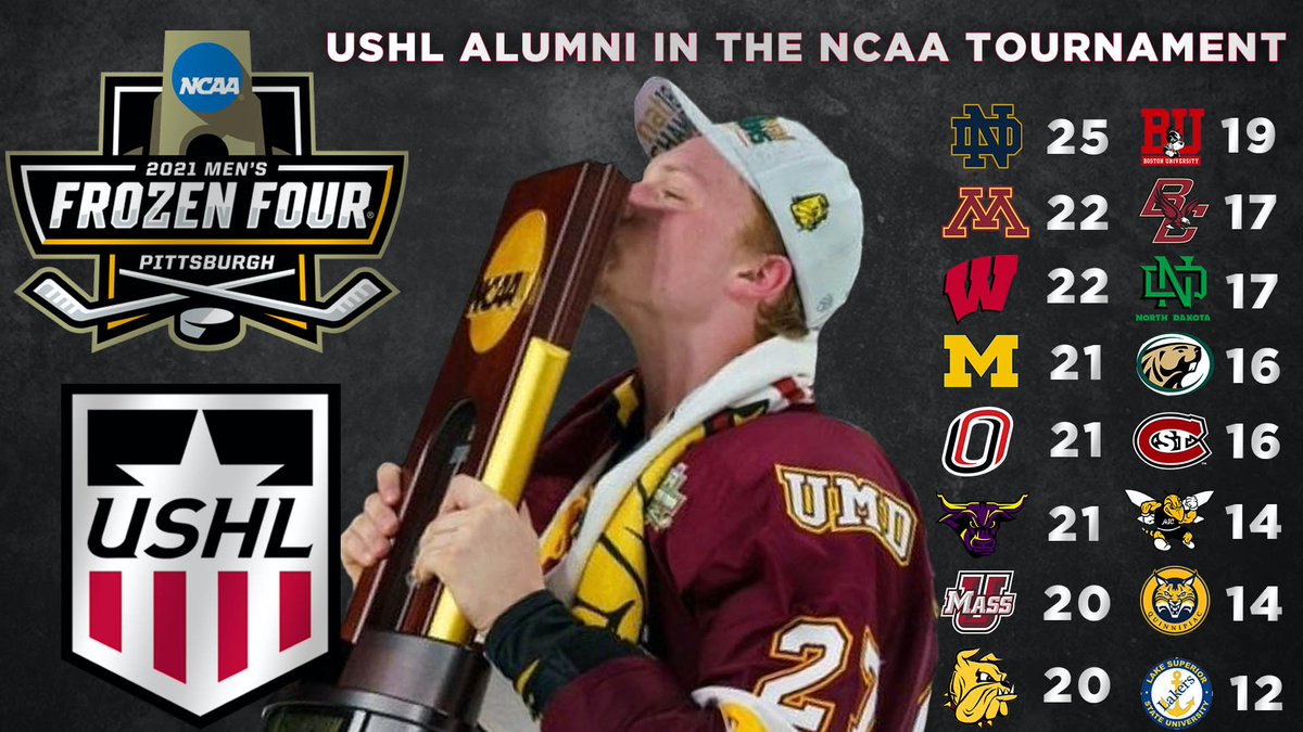 USHL's tweet photo. The @NCAAIceHockey Tournament starts today! Before the games get underway, check out all 297 USHL alumni competing for the Championship as well as all the alumni who won regular season awards this season. #WhosNext
https://t.co/LsbVvs5fix https://t.co/ZovS1FIhvK