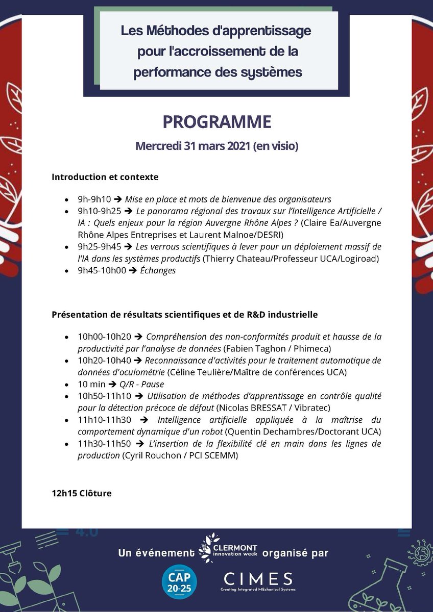 IMobS3's tweet photo. Webinaire "Méthodes d'apprentissage pour l'accroissement de la performance des systèmes" qui traite de l'#IntelligenceArtificielle dans l'industrie avec @Pole_CIMES @IMobS3 @i_site_clermont 
31 mars de 9h à 12h
[INSCRIPTION : https://t.co/Aa7tiGKOxV] 
#CIW21 https://t.co/7om8121UOc