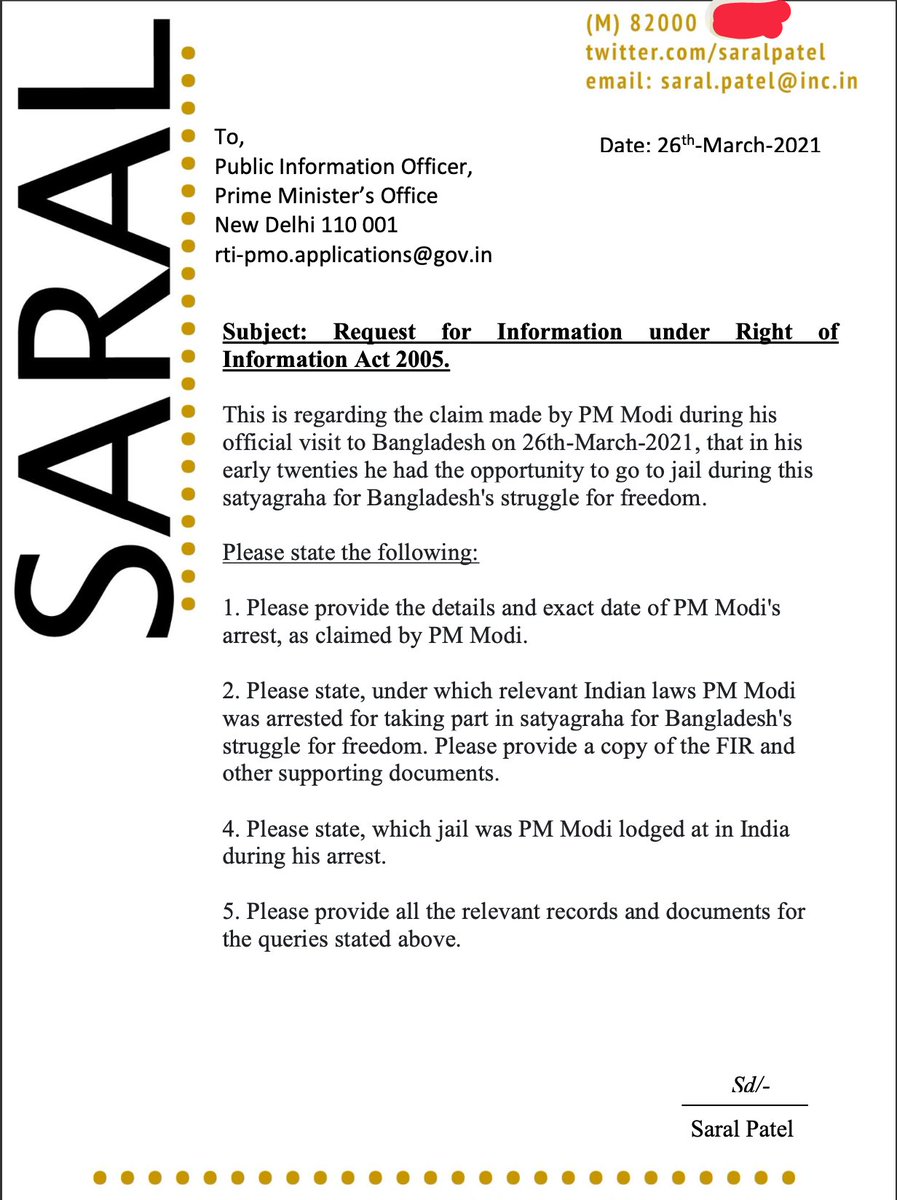 SaralPatel's tweet photo. Have filed an RTI with PMO seeking more details of the claims made by #PMModi during his visit to #Bangladesh today.

I am very curious to know, under which Indian law was he arrested and which jail was he lodged at during his arrest, aren't you? 🤔😊

#LieLikeModi https://t.co/uvTMRjccq7