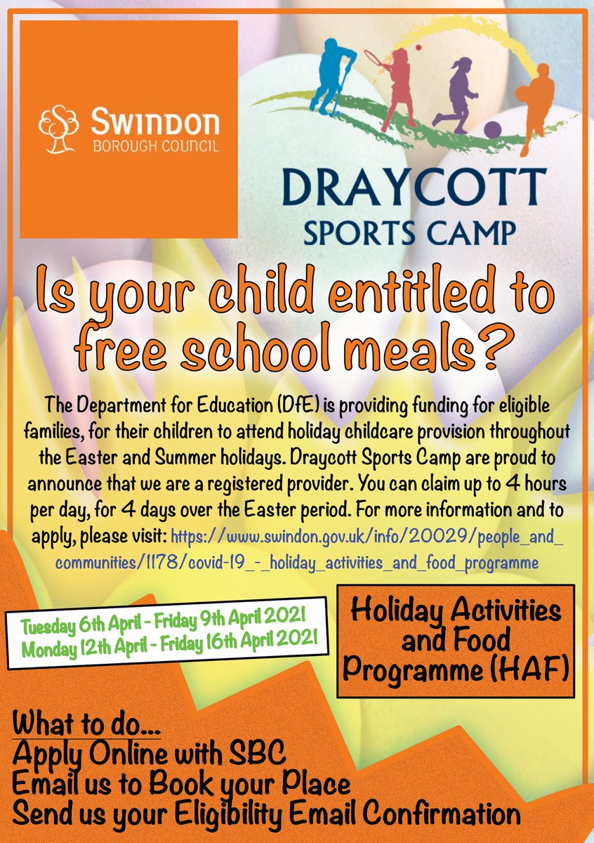 DraycottSportsC's tweet photo. Is your child entitled to free school meals? If so, you could be eligible to receive free childcare places over the Easter holidays. Draycott Sports Camp are a registered provider with @SwindonCouncil. For more info and to apply, visit https://t.co/QLEDTT5VeK https://t.co/EEmJbcd0jv