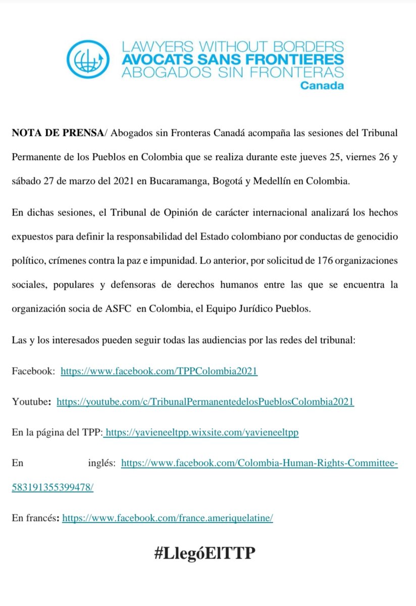 AsfcanadaC's tweet photo. #LlegóTPP y @AsfcanadaC
 acompaña sus sesiones en Bucaramanga, Bogotá y Medellín. También respaldamos a las 176 organizaciones sociales, populares y defensoras de derechos humanos dentro de las cuales se encuentra nuestro socio @equipojuridico Pueblos. https://t.co/OZdt6xcquh