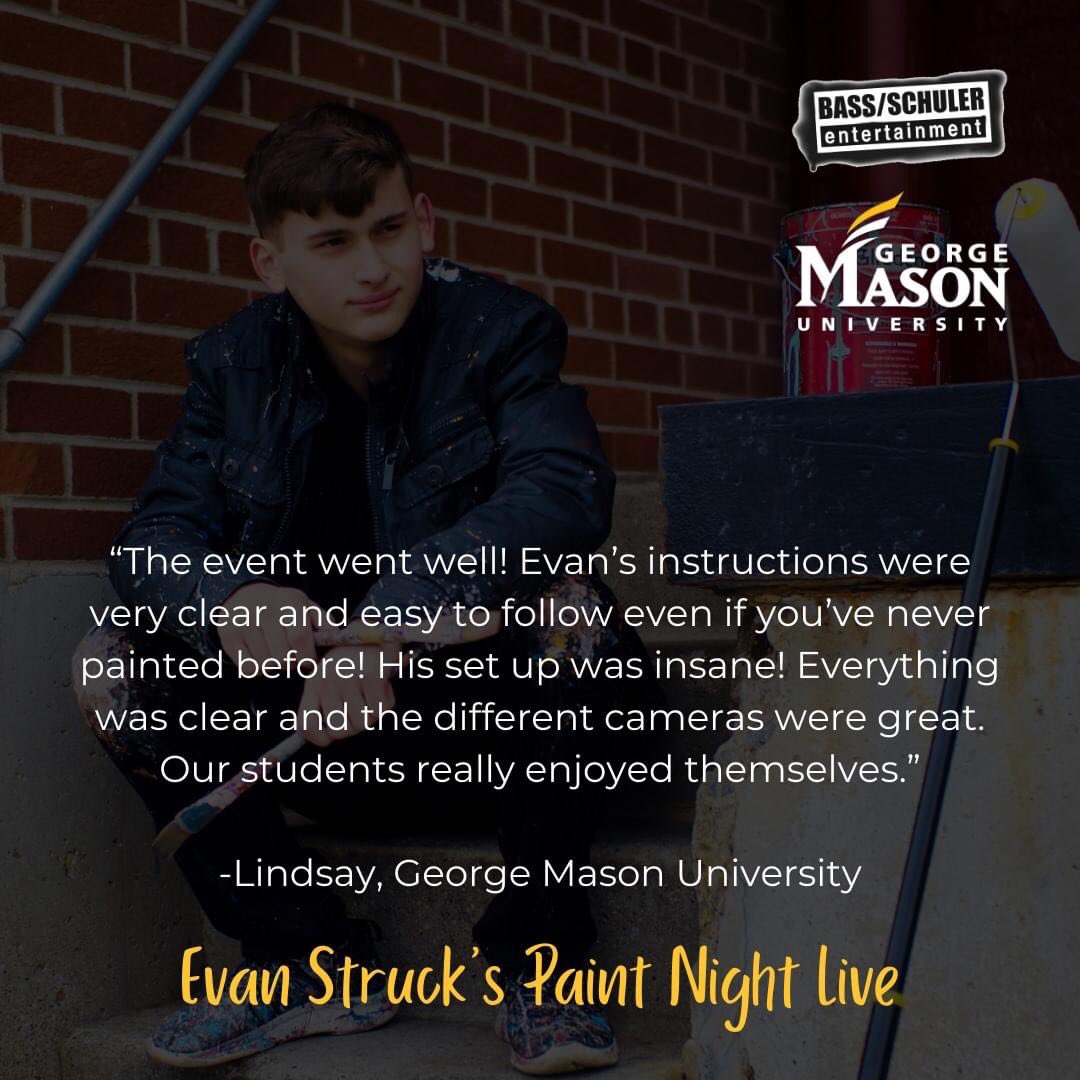 BassSchuler's tweet photo. Thanks so much to George Mason University for hosting Evan Struck's Paint Night Live! #BassSchulerEntertainment #BSEAgency #SpeedPainter #EvanStruck #PaintNightLive #VirtualProgram #ArtistReviews https://t.co/yGCievFo9A