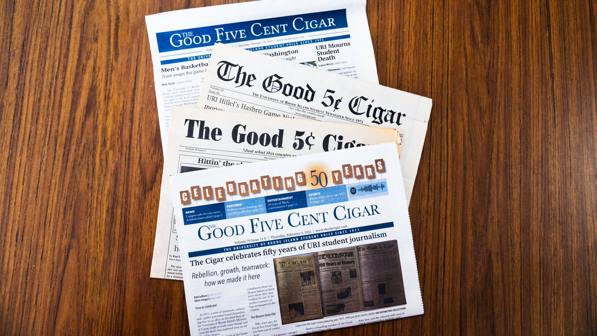 HarringtonURI's tweet photo. Congratulations to The Good Five Cent Cigar for 50 years on everything from URI to world news! We are proud of all the students that have worked and will work on the paper over the years. #GoRhody https://t.co/YJxVJM9baB