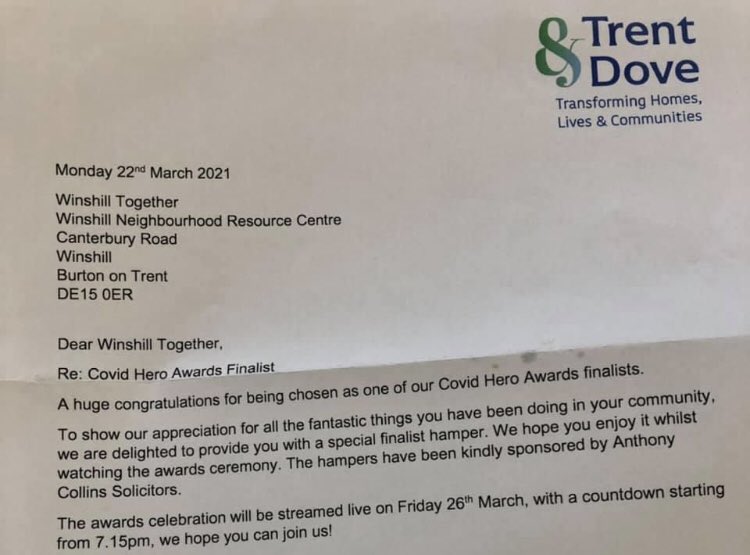 Wow!  ‘Winshill Together’ &amp; WNRC Co-Ordinator Kim are so overwhelmed to have been nominated for a Covid Hero Award, the virtual awards final is tonight Thank you so much to those who nominated us😊🥰 🥳❤️🤞🏻🤞🏻🤞🏻🤞🏻