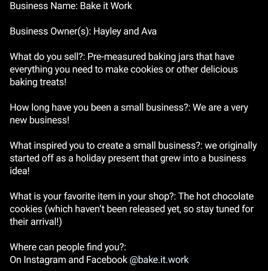 Last but certainly not least in our business spotlight is....Bake it Work!!
REMINDER: Today is the LAST day of this drive 20% profits goes to Mini-thon!! 
HAPPY SHOPPING EVERYONE💙💛
linktr.ee/hhminithon