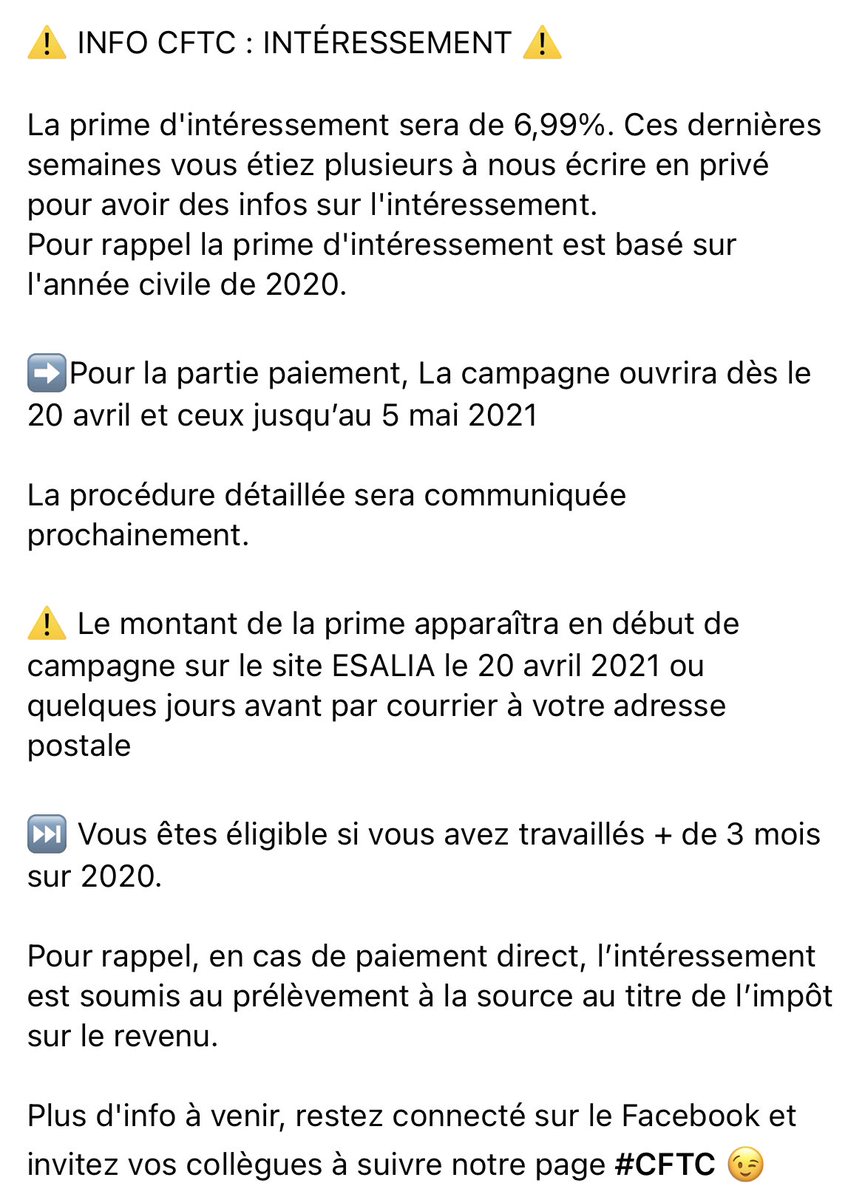 cftc_sfrdistrib's tweet photo. ⚠️ INFO #CFTC : INTÉRESSEMENT ⚠️
La prime d'intéressement sera de 6,991%. Ces dernières semaines vous étiez plusieurs à nous écrire en privé pour avoir des infos sur l'intéressement.
#cftcavoscotes #sfrdistribution #sfrd https://t.co/UUmbLfDoO7