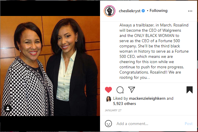 madi_TCU's tweet photo. @GraceGraubart This March, Rosalind Brewer became the CEO of Walgreens. This is exciting news as she is the only black female serving as CEO of a Fortune 500 company and is the 3rd EVER. She is pushing to break the glass ceiling for all women, especially those of color. 
(Pictured on left) https://t.co/S4W3rVlB0b