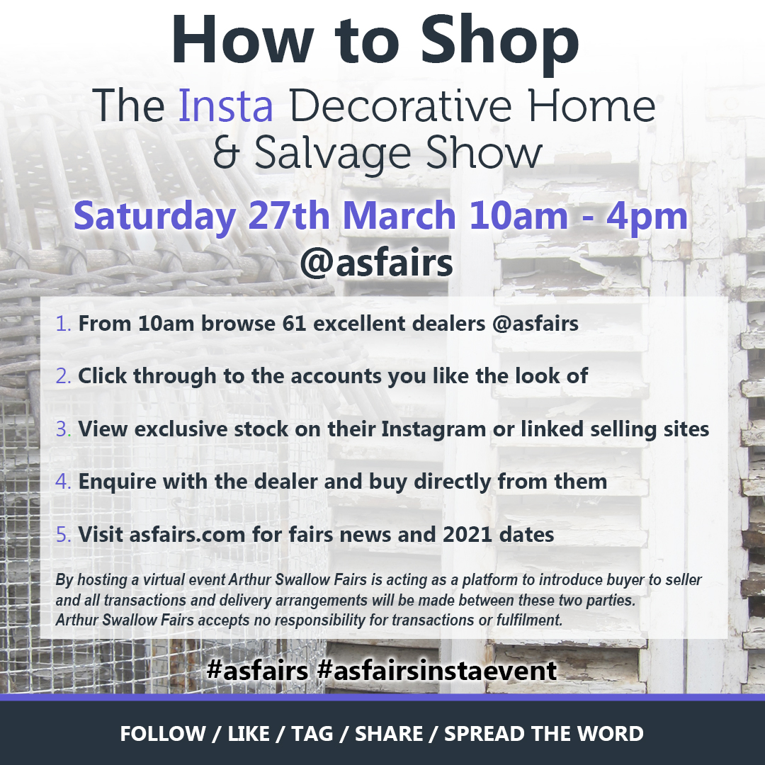 asfairs's tweet photo. Tomorrow's Insta fair exhibitor lists have just gone live over on our grid https://t.co/TQTX8UzFFs 61 excellent dealers selling the finest antique, vintage and salvage treasures. Event opens tomorrow at 9.30am with a LIVE chat with @DrewPritchard &amp; @alice_roberton. Join us! https://t.co/euaeG0VRj5