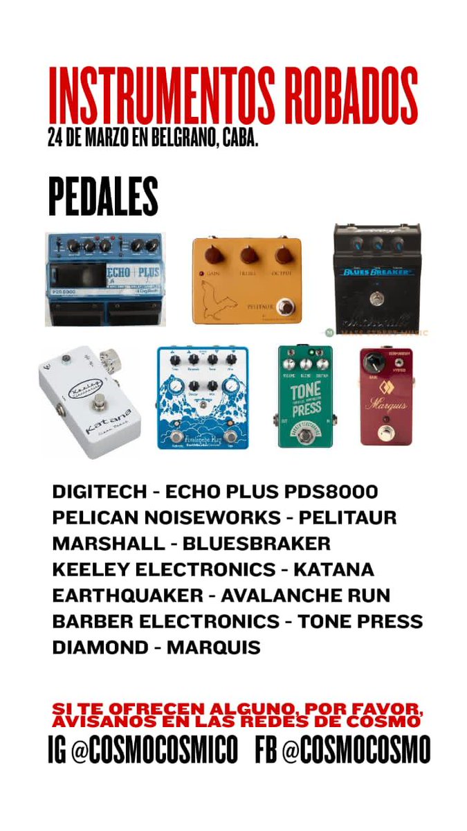 font_pablo's tweet photo. A nuestro guitarrista anoche le robaron todos sus equipos por Belgrano, Caba. Se agradece RT de parte de la familia @cosmocosmico . Cualquier info, bienvenida al inbox de la banda. Gracias! https://t.co/gF8RfkmfkI