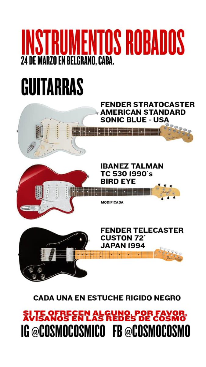 font_pablo's tweet photo. A nuestro guitarrista anoche le robaron todos sus equipos por Belgrano, Caba. Se agradece RT de parte de la familia @cosmocosmico . Cualquier info, bienvenida al inbox de la banda. Gracias! https://t.co/gF8RfkmfkI