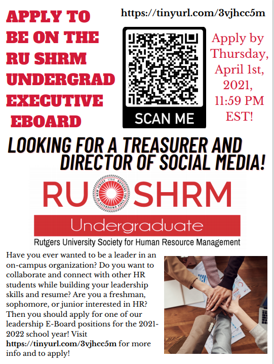 RUSHRM_UG's tweet photo. If you are a HRM major at Rutgers, and you are interested in SHRM, building leadership skills, or learning more about HRM as a whole, there is opportunity to become a member of the RUSHRM undergrad E-board for 2020-2021! Click the link to apply! https://t.co/z3MHES6THb https://t.co/zoBIOF73eD