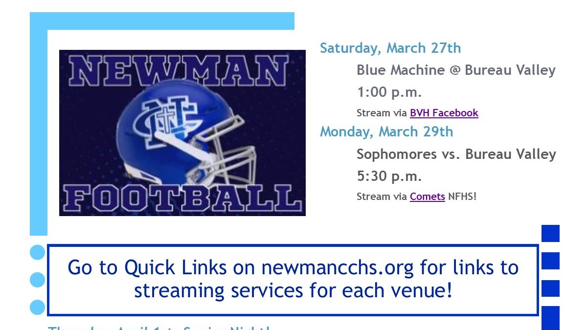 NewmanCCHS's tweet photo. It's Game Day! @NewmanFootball1 Venue specific streaming information hyperlinked from our website! https://t.co/dTNa1uOvU6
#GoComets #rollonbluemachine https://t.co/USEunQuJro