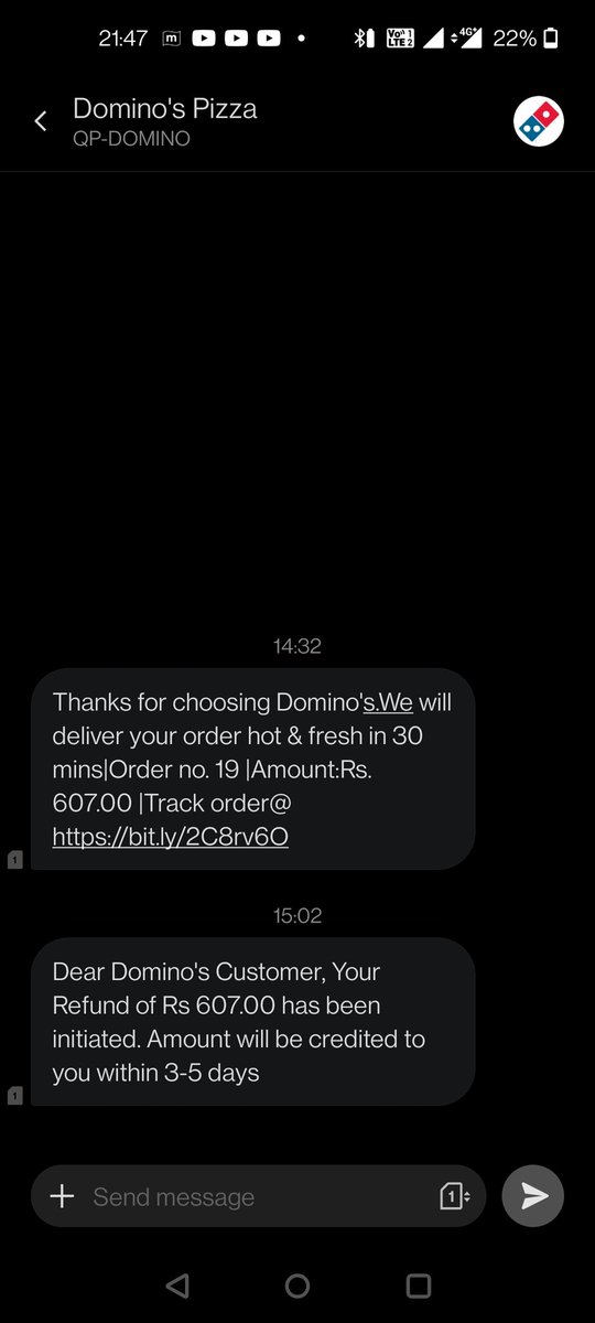 msingh78628's tweet photo. @dominos_india  Today ordered pizza which was appected by wagholi pune branch and  paid. however later lady call and said we can't deliver. Yo come half way which is hardly 400 meter and forced to cancelled. Stop harrassing the customers. If you can't deliver stop orders #Fraud https://t.co/2PqTnGzj1G