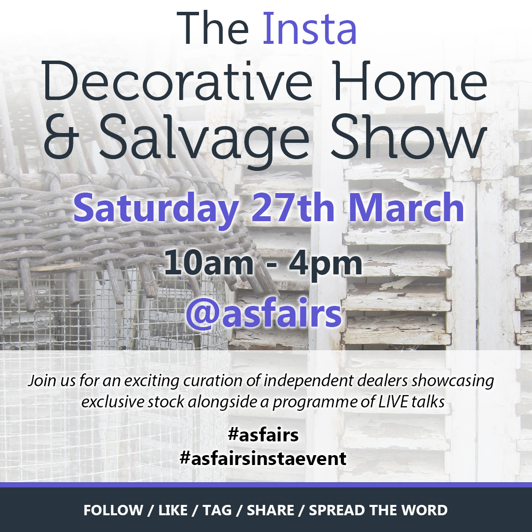 asfairs's tweet photo. Tomorrow's Insta fair exhibitor lists have just gone live over on our grid https://t.co/TQTX8UzFFs 61 excellent dealers selling the finest antique, vintage and salvage treasures. Event opens tomorrow at 9.30am with a LIVE chat with @DrewPritchard &amp; @alice_roberton. Join us! https://t.co/euaeG0VRj5