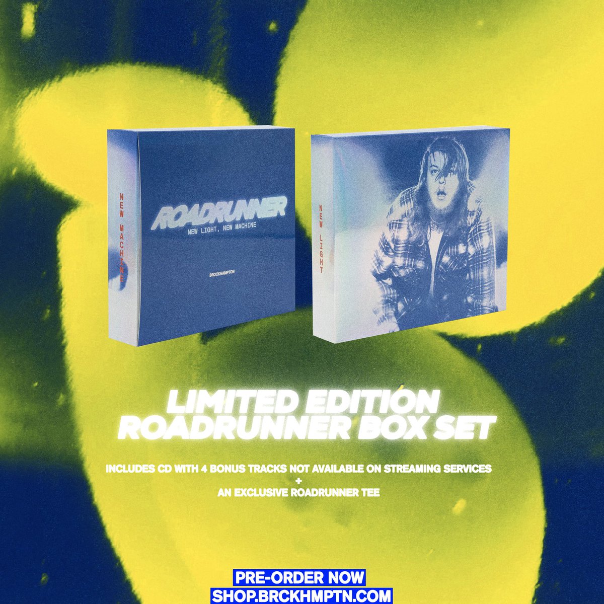 brckhmptn's tweet photo. ROADRUNNER: NEW LIGHT, NEW MACHINE - BROCKHAMPTON

APRIL 9TH 
BOX SET PRE-ORDER NOW LIVE
https://t.co/hW7QOrRGze https://t.co/xwaQs0udHZ