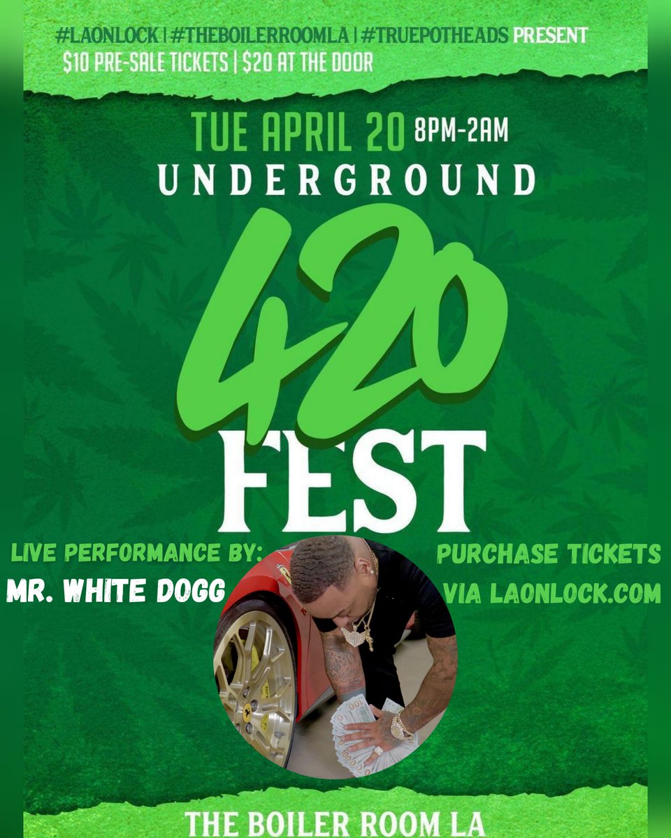 LAOnLock's tweet photo. #Underground420Fest 

4.20.21 • Tuesday • 8pm-2am
#TheBoilerRoomLA

Music • Exclusive Vendors • Food • Special Guest Appearances • Giveaways!

Live Performances by: @MRWHITEDOGG254 @_YoungCeno @elbert_damon &amp; more!

Click the link in our bio to purchase pre-sale tickets! https://t.co/F2yhaZK6CH