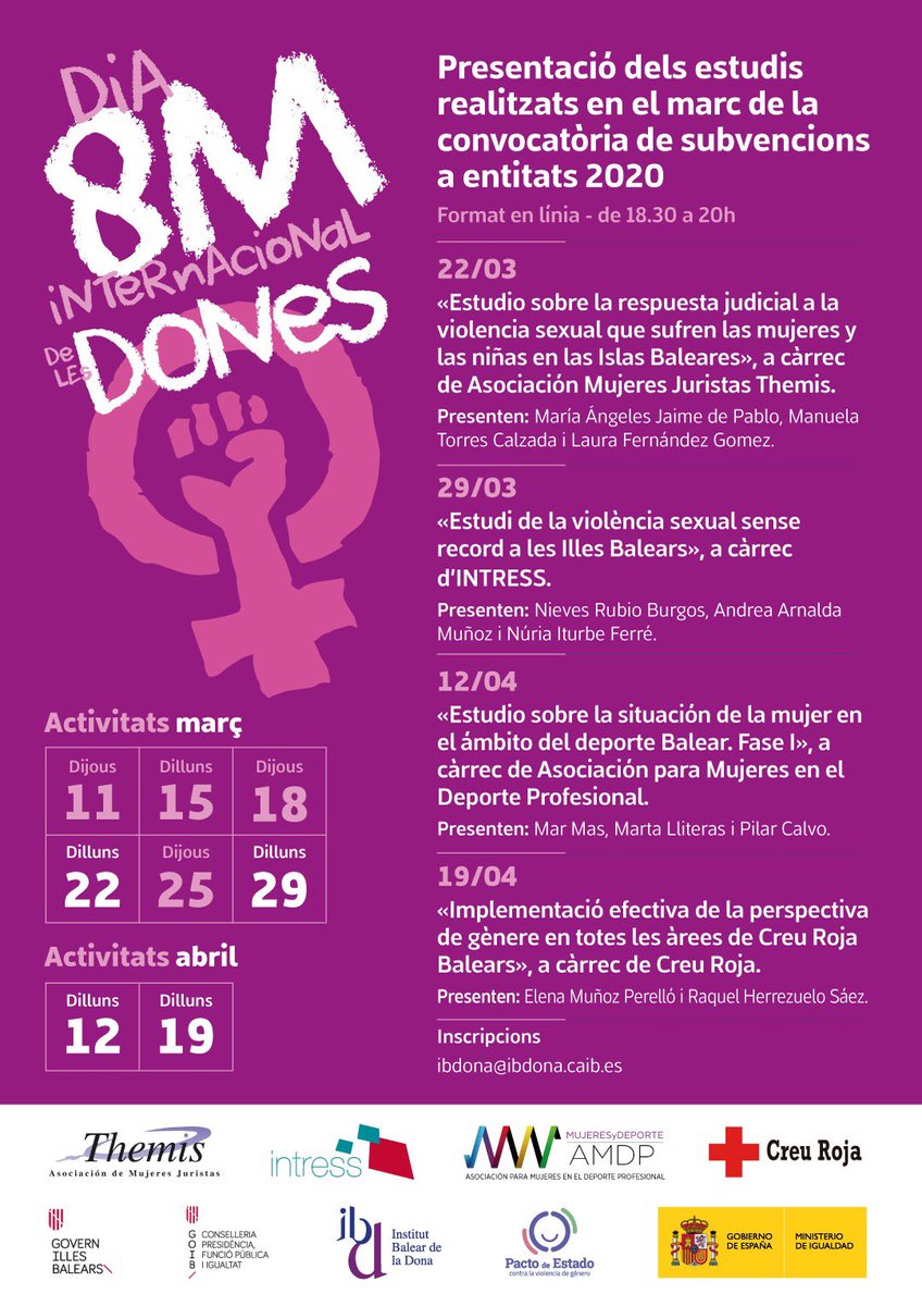 IB_Dona's tweet photo. 🟣📣Presentació dels estudis realitzats en el marc de la convocatòria de subvencions a entitats 2020.
🗓️Dilluns, 29 de març
🗣️'Estudi de la #ViolènciaSexual sense record a les Illes Balears', a càrrec d'@intressorg.
🔴Format en línia
#8M2021 #8MIBDONA #8MBalears https://t.co/xKNwwRIPJ5