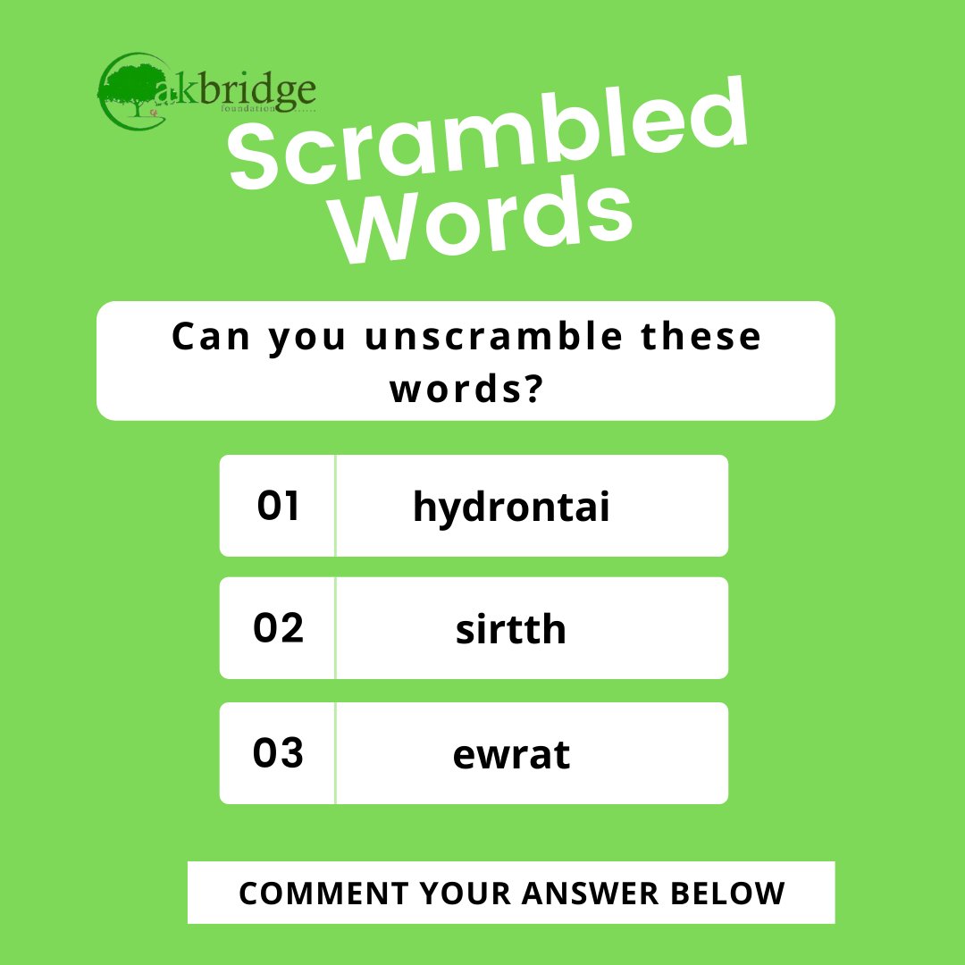 oakbridgefound's tweet photo. In the spirit of Water Day (Monday), let's do water-related scrambled words.

#games #quiz #quiztime #tgif #water #un
#scrabbleletters #scrambledwords #puzzle #triviaquestions #funtimewithfriends #scramble #words https://t.co/4ZsorNTmqe