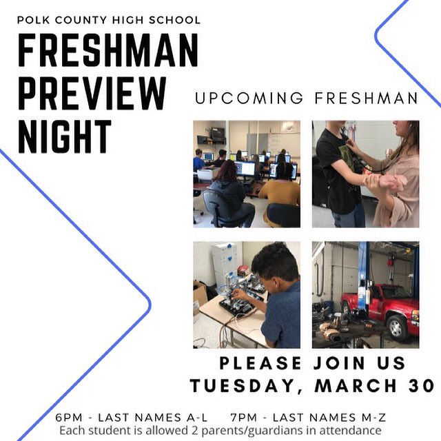 We are excited to welcome all upcoming Freshman to visit Polk County High School this upcoming Tuesday Night. Freshman will be selecting classes for the 2021-22 school year and our career/technical teachers will be available for you to preview the career programs offered at PCHS.