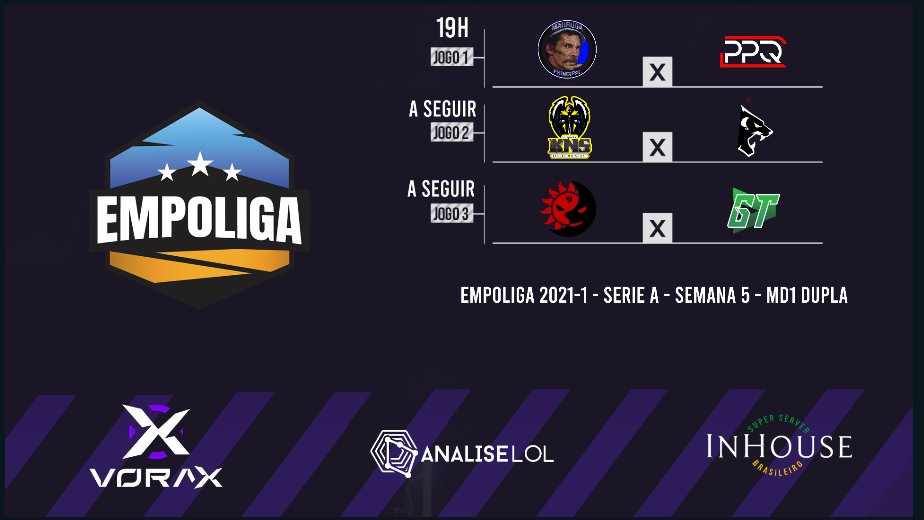 EmpoligaVP's tweet photo. Estamos ao vivo para continuar com a #Empoliga Tradicional! Cola na live!

19h 
@MadrugaEsports vs @PipoqueirosG 

Na Sequencia
@Kns_sports x @_MoonTigers 
@Nightsuns_ x @GTGaming1010 

https://t.co/yLHOUwyPVr https://t.co/XHfQm9FJ6c