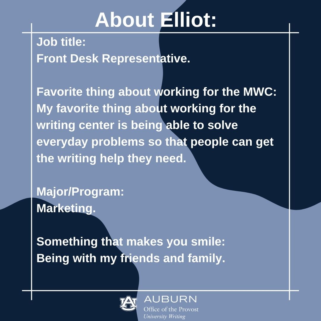 UnivWritingAU's tweet photo. Today we're putting front desk representative Elliot in the University Writing Spotlight. Scroll through these images to learn more about Elliot.
#UniversityWriting #AuburnUniversityWriting #Auburn #WritingAtAU #millerwritingcenter #MWC #auburnuniversity
@ElliotDeep1 https://t.co/WfsVAztkEI