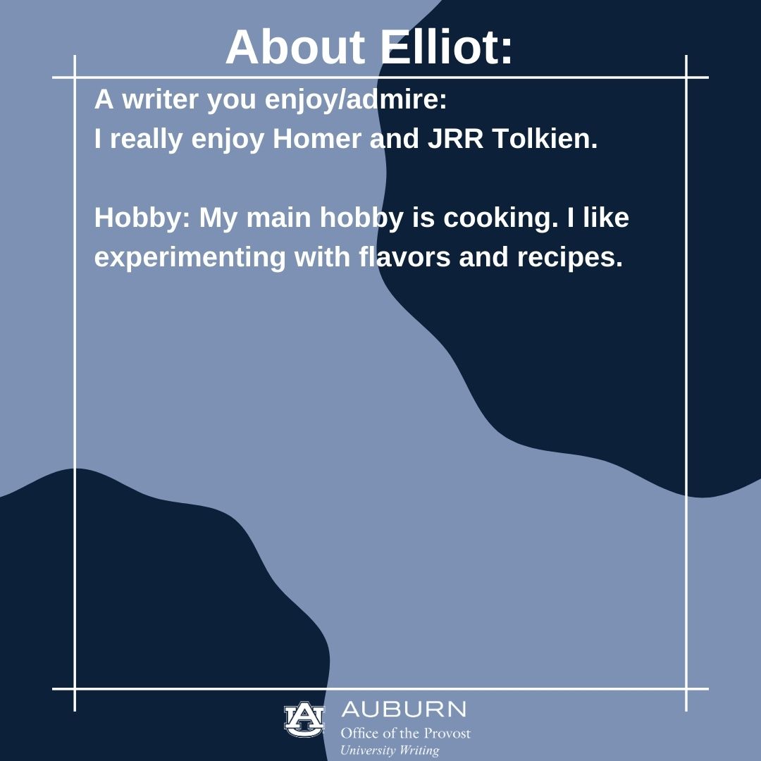UnivWritingAU's tweet photo. Today we're putting front desk representative Elliot in the University Writing Spotlight. Scroll through these images to learn more about Elliot.
#UniversityWriting #AuburnUniversityWriting #Auburn #WritingAtAU #millerwritingcenter #MWC #auburnuniversity
@ElliotDeep1 https://t.co/WfsVAztkEI